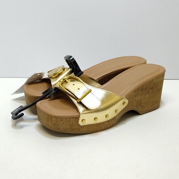 Time and Tru Gold Buckle Cork Wedge Platform Memory Foam Sandals Size 9 NWT - Picture 1 of 9